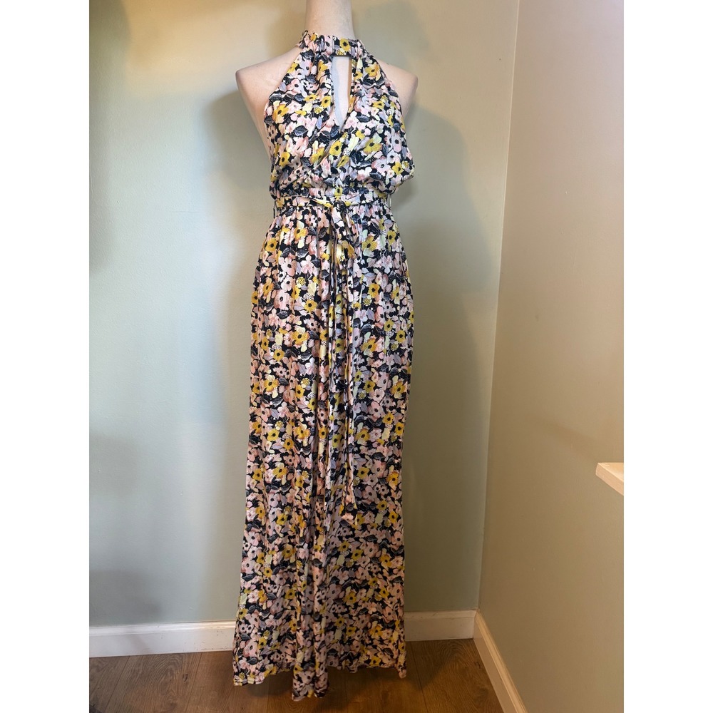 VICI Floral Halter Wide Leg Jumpsuit Yellow Pink Black Medium boho resort dainty